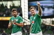 19 August 2023; Josh van der Flier and Ross Byrne of Ireland after their side's victory in the Bank of Ireland Nations Series match between Ireland and England at the Aviva Stadium in Dublin. Photo by Harry Murphy/Sportsfile