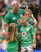 19 August 2023; Keith Earls of Ireland with his daughters Ella-May, Laurie and Emie after the Bank of Ireland Nations Series match between Ireland and England at Aviva Stadium in Dublin. Photo by Brendan Moran/Sportsfile