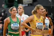 19 August 2023; Kate O'Connor of Ireland, left, after competing in the 200m of the women's heptathlon during day one of the World Athletics Championships at the National Athletics Centre in Budapest, Hungary. Photo by Sam Barnes/Sportsfile