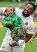 19 August 2023; Bundee Aki of Ireland with his son Andronicus Junior Papamauin after the Bank of Ireland Nations Series match between Ireland and England at Aviva Stadium in Dublin. Photo by Brendan Moran/Sportsfile