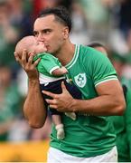 19 August 2023; James Lowe of Ireland and his son Nico after his side's victory in the Bank of Ireland Nations Series match between Ireland and England at the Aviva Stadium in Dublin. Photo by Ramsey Cardy/Sportsfile