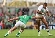 19 August 2023; Anthony Watson of England is tackled by James Lowe of Ireland during the Bank of Ireland Nations Series match between Ireland and England at Aviva Stadium in Dublin. Photo by Ramsey Cardy/Sportsfile