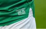 19 August 2023; A detailed view of the jersey of Keith Earls of Ireland on his 100th Ireland cap after the Bank of Ireland Nations Series match between Ireland and England at Aviva Stadium in Dublin. Photo by Ramsey Cardy/Sportsfile