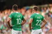 19 August 2023; Ross Byrne, left, and Jack Crowley of Ireland after the Bank of Ireland Nations Series match between Ireland and England at Aviva Stadium in Dublin. Photo by Ramsey Cardy/Sportsfile