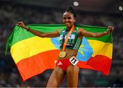 19 August 2023; Gudaf Tsegay of Ethiopia celebrates with her gold medal after winning the women's 10,000m during day one of the World Athletics Championships at the National Athletics Centre in Budapest, Hungary. Photo by Sam Barnes/Sportsfile