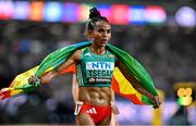 19 August 2023; Gudaf Tsegay of Ethiopia celebrates after winning the women's 10,000m during day one of the World Athletics Championships at the National Athletics Centre in Budapest, Hungary. Photo by Sam Barnes/Sportsfile