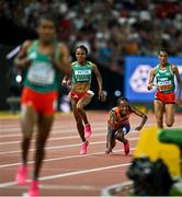 19 August 2023; Sifan Hassan of Netherlands falls on the home straight in the women's 10,000m during day one of the World Athletics Championships at the National Athletics Centre in Budapest, Hungary. Photo by Sam Barnes/Sportsfile