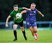 19 August 2023; Jetta Berrill of Peamount United in action against Katie Malone of Bohemians during the SSE Airtricity Women's Premier Division match between Peamount United and Bohemians at PRL Park in Greenogue, Dublin. Photo by Stephen Marken/Sportsfile