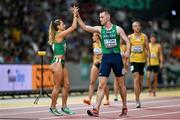 19 August 2023; Sophie Becker of Ireland, left, and Jack Raftery before competing in the mixed 4x400m during day one of the World Athletics Championships at the National Athletics Centre in Budapest, Hungary. Photo by Sam Barnes/Sportsfile