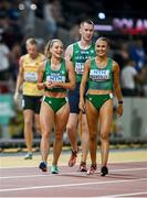 19 August 2023; Ireland athletes, from left, Sophie Becker, Jack Raftery and Sharlene Mawdsley before competing in the mixed 4x400m relay during day one of the World Athletics Championships at the National Athletics Centre in Budapest, Hungary. Photo by Sam Barnes/Sportsfile