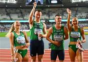 19 August 2023; Ireland relay team, from left, Sophie Becker, Jack Raftery, Chris O’Donnell and Sharlene Mawdsley after competing in the mixed 4x400m relay during day one of the World Athletics Championships at the National Athletics Centre in Budapest, Hungary. Photo by Sam Barnes/Sportsfile