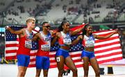 19 August 2023; The USA relay team, from left, Matthew Boling, Justin Robinson, Alexis Holmes and Rosey Effiong celebrate after winning the mixed 4x400 relay during day one of the World Athletics Championships at the National Athletics Centre in Budapest, Hungary. Photo by Sam Barnes/Sportsfile
