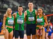 19 August 2023; Ireland relay team, from left, Sophie Becker, Chris O’Donnell, Jack Raftery and Sharlene Mawdsley after competing in the mixed 4x400m relay during day one of the World Athletics Championships at the National Athletics Centre in Budapest, Hungary. Photo by Sam Barnes/Sportsfile