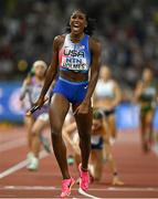 19 August 2023; Alexis Holmes of USA celebrates after winning the mixed 4x400m relay during day one of the World Athletics Championships at the National Athletics Centre in Budapest, Hungary. Photo by Sam Barnes/Sportsfile