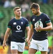 19 August 2023; Ross Byrne, right, and Jack Crowley of Ireland during the Bank of Ireland Nations Series match between Ireland and England at the Aviva Stadium in Dublin. Photo by Harry Murphy/Sportsfile