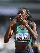 20 August 2023; Rhasidat Adeleke of Ireland celebrates after winning her women's 400m heat during day two of the World Athletics Championships at National Athletics Centre in Budapest, Hungary. Photo by Sam Barnes/Sportsfile