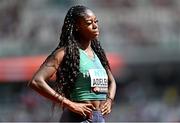 20 August 2023; Rhasidat Adeleke of Ireland winks to the camera as she is introduced to the crowd before competing in the women's 400m during day two of the World Athletics Championships at National Athletics Centre in Budapest, Hungary. Photo by Sam Barnes/Sportsfile
