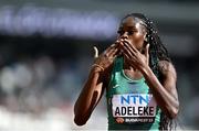 20 August 2023; Rhasidat Adeleke of Ireland celebrates after winning her women's 400m heat during day two of the World Athletics Championships at National Athletics Centre in Budapest, Hungary. Photo by Sam Barnes/Sportsfile