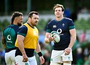 19 August 2023; Ryan Baird, right, Cian Healy and Andrew Porter of Ireland before the Bank of Ireland Nations Series match between Ireland and England at the Aviva Stadium in Dublin. Photo by Harry Murphy/Sportsfile