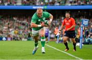 19 August 2023; Keith Earls of Ireland on the way to scoring his side's third try during the Bank of Ireland Nations Series match between Ireland and England at Aviva Stadium in Dublin. Photo by Brendan Moran/Sportsfile