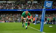 19 August 2023; Keith Earls of Ireland on the way to scoring his side's third try during the Bank of Ireland Nations Series match between Ireland and England at Aviva Stadium in Dublin. Photo by Brendan Moran/Sportsfile
