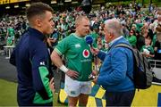 19 August 2023; Keith Earls of Ireland is interviewed by Michael Corcoran of RTE after the Bank of Ireland Nations Series match between Ireland and England at Aviva Stadium in Dublin. Photo by Brendan Moran/Sportsfile