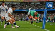 19 August 2023; Keith Earls of Ireland scores his side's third try during the Bank of Ireland Nations Series match between Ireland and England at Aviva Stadium in Dublin. Photo by Brendan Moran/Sportsfile