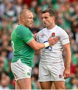 19 August 2023; Keith Earls of Ireland and George Ford of England after the Bank of Ireland Nations Series match between Ireland and England at the Aviva Stadium in Dublin. Photo by Harry Murphy/Sportsfile