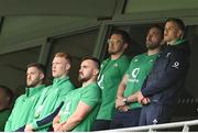 19 August 2023; Ireland players, from left, Stuart McCloskey, Ciaran Frawley, Ronan Kelleher, Jacob Stockdale, Jack Conan and Jonathan Sexton stand for the national anthems before the Bank of Ireland Nations Series match between Ireland and England at Aviva Stadium in Dublin. Photo by Brendan Moran/Sportsfile