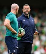 19 August 2023; Ireland head coach Andy Farrell, right, with forwards coach Paul O'Connell before the Bank of Ireland Nations Series match between Ireland and England at Aviva Stadium in Dublin. Photo by Brendan Moran/Sportsfile