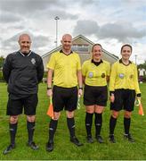 19 August 2023; Referee Sarah Dyas, assistant referee Hannah O'Brien, assistant referee John Hayes and fourth official David Butler after the FAI Women’s Amateur Shield Final 2023 match between St Patrick’s CYFC and Wilton United at Newhill Park in Two Mile Borris, Tipperary. Photo by Tom Beary/Sportsfile