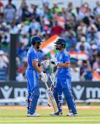 20 August 2023; India batters Ruturaj Gaikwad, left, and Rinku Singh during match two of the Men's T20 International series between Ireland and India at Malahide Cricket Ground in Dublin. Photo by Seb Daly/Sportsfile