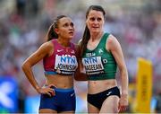 20 August 2023; Ciara Mageean of Ireland, right, and Sinclaire Johnson of USA after competing in the women's 1500m semi-final during day two of the World Athletics Championships at National Athletics Centre in Budapest, Hungary. Photo by Sam Barnes/Sportsfile
