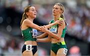 20 August 2023; Sarah Healy of Ireland, left, and Abbey Caldwell of Australia after competing in the women's 1500m semi-final during day two of the World Athletics Championships at National Athletics Centre in Budapest, Hungary. Photo by Sam Barnes/Sportsfile