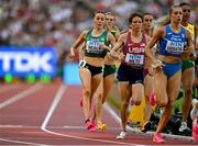 20 August 2023; Sarah Healy of Ireland, left, competes in the women's 1500m semi-final during day two of the World Athletics Championships at National Athletics Centre in Budapest, Hungary. Photo by Sam Barnes/Sportsfile