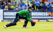 20 August 2023; Ireland wicketkeeper Lorcan Tucker during match two of the Men's T20 International series between Ireland and India at Malahide Cricket Ground in Dublin. Photo by Seb Daly/Sportsfile