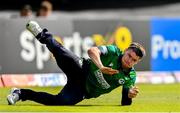 20 August 2023; Josh Little of Ireland fields the ball during match two of the Men's T20 International series between Ireland and India at Malahide Cricket Ground in Dublin. Photo by Seb Daly/Sportsfile