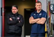 20 August 2023; Derry City manager Ruaidhrí Higgins, left, and St Patrick's Athletic manager Jon Daly before the Sports Direct Men’s FAI Cup Second Round match between Derry City and St Patrick’s Athletic at The Ryan McBride Brandywell Stadium in Derry. Photo by Ben McShane/Sportsfile