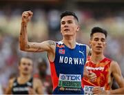 20 August 2023; Jakob Ingebrigtsen of Norway celebrates winning his men's 1500m semi-final during day two of the World Athletics Championships at National Athletics Centre in Budapest, Hungary. Photo by Sam Barnes/Sportsfile
