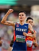 20 August 2023; Jakob Ingebrigtsen of Norway celebrates winning his men's 1500m semi-final during day two of the World Athletics Championships at National Athletics Centre in Budapest, Hungary. Photo by Sam Barnes/Sportsfile