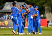 20 August 2023; Arshdeep Singh of India, second from right, celebrates with teammates  after catching out Paul Stirling of Ireland during match two of the Men's T20 International series between Ireland and India at Malahide Cricket Ground in Dublin. Photo by Seb Daly/Sportsfile