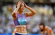 20 August 2023; Katarina Johnson-Thompson of Great Britain reacts after winning gold in the women's Heptathlon during day two of the World Athletics Championships at National Athletics Centre in Budapest, Hungary. Photo by Sam Barnes/Sportsfile