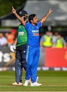 20 August 2023; India bowler Ravi Bishnoi celebrates after claiming the wicket of Ireland's Harry Tector during match two of the Men's T20 International series between Ireland and India at Malahide Cricket Ground in Dublin. Photo by Seb Daly/Sportsfile