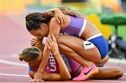 20 August 2023; Gold medalist Katarina Johnson-Thompson of Great Britain reacts with silver medalist Anna Hall of USA after the women's Heptathlon during day two of the World Athletics Championships at National Athletics Centre in Budapest, Hungary. Photo by Sam Barnes/Sportsfile
