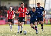 20 August 2023; Will Patching of Derry City in action against Jamie Lennon of St Patrick's Athletic during the Sports Direct Men’s FAI Cup Second Round match between Derry City and St Patrick’s Athletic at The Ryan McBride Brandywell Stadium in Derry. Photo by Ben McShane/Sportsfile