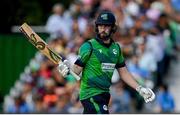 20 August 2023; Ireland batter Andrew Balbirnie acknowledges the crowd after bringing up his half-century during match two of the Men's T20 International series between Ireland and India at Malahide Cricket Ground in Dublin. Photo by Seb Daly/Sportsfile