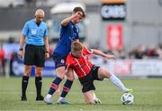 20 August 2023; Brandon Kavanagh of Derry City in action against Adam Murphy of St Patrick's Athletic during the Sports Direct Men’s FAI Cup Second Round match between Derry City and St Patrick’s Athletic at The Ryan McBride Brandywell Stadium in Derry. Photo by Ben McShane/Sportsfile