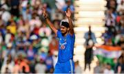 20 August 2023; India bowler Arshdeep Singh celebrates after claiming the wicket of Ireland's Andrew Balbirnie during match two of the Men's T20 International series between Ireland and India at Malahide Cricket Ground in Dublin. Photo by Seb Daly/Sportsfile
