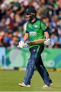 20 August 2023; Andrew Balbirnie of Ireland after being dismissed during match two of the Men's T20 International series between Ireland and India at Malahide Cricket Ground in Dublin. Photo by Seb Daly/Sportsfile