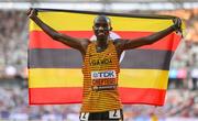 20 August 2023; Joshua Cheptegei of Uganda celebrates winning the men's 10,000m final during day two of the World Athletics Championships at National Athletics Centre in Budapest, Hungary. Photo by Sam Barnes/Sportsfile